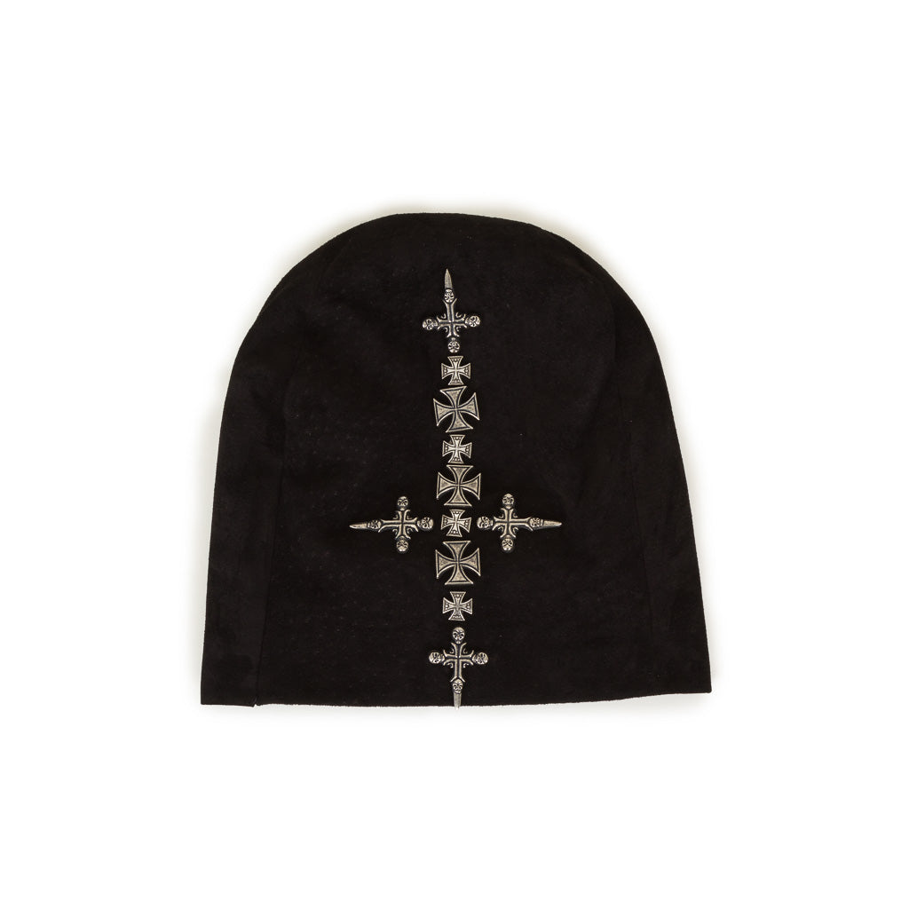 Lonnet Veloursleder Mütze Beanie KREUZ schwarz 