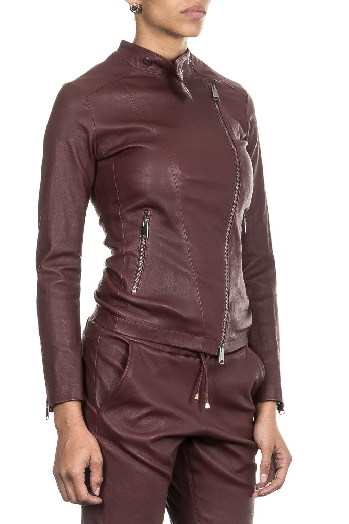 NOVE Damen Biker Lederjacke bordeaux