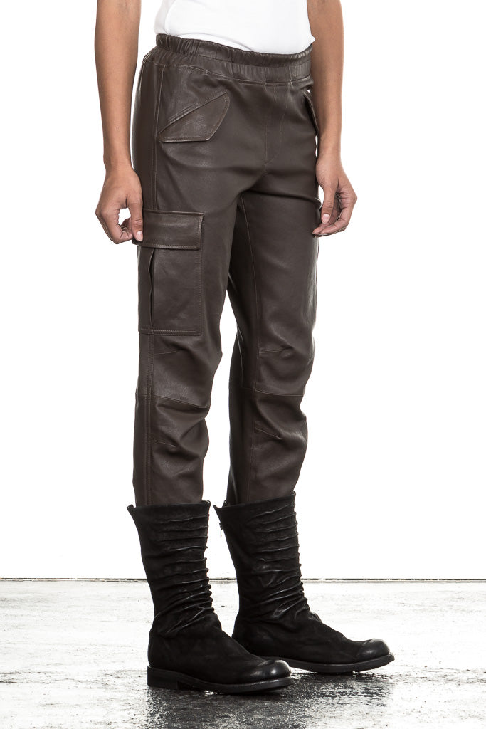 NOVE Damen Lammnappa Cargo Lederhose braungrau