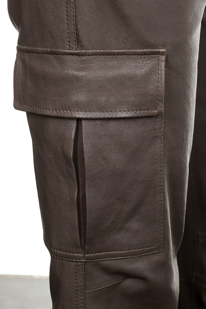 NOVE Damen Lammnappa Cargo Lederhose braungrau